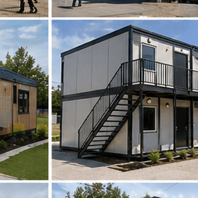 Offshore modular housing factory — workers, factory floor and finished prefab buildings ready for shipment